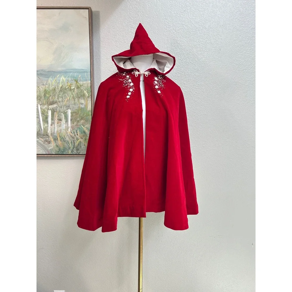 Vintage Red Velvet Hooded Cape Little Red Riding Hood Costume Cloak Cottagecore